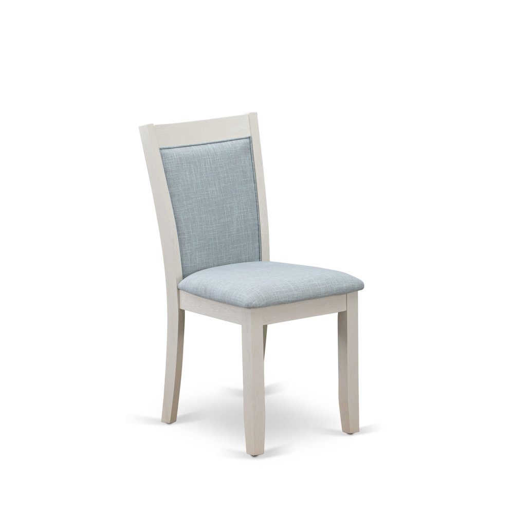 V026MZ015-5 5-Piece Dining Room Set Contains a Dining Table and 4 Baby Blue Upholstered Chairs - Wire Brushed Linen White Finish. Picture 8