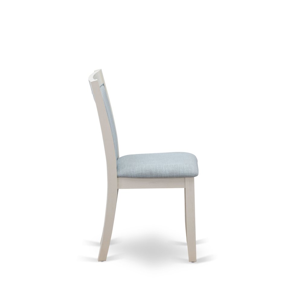 MZC0T15 Dining Room Chairs Set of 2 - Baby Blue Linen Fabric Seat and High Chair Back -Wire Brushed Linen White Finish (SET OF 2). Picture 5