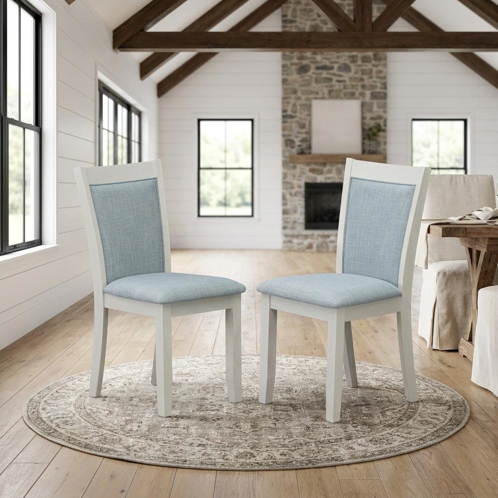 Solid Wood Linen-Upholstered High-Back Dining Chairs, Baby Blue, Set of 2. Picture 3