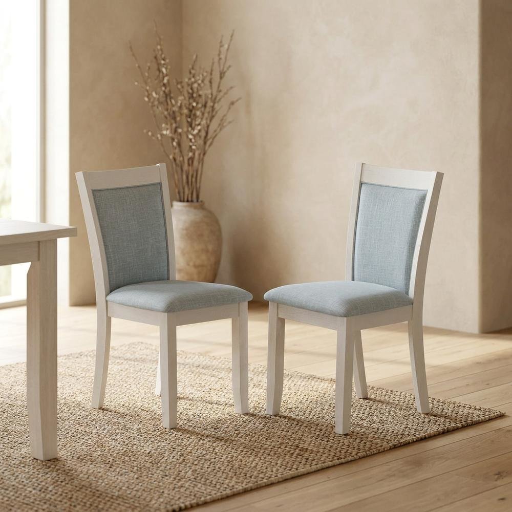 Solid Wood Linen-Upholstered High-Back Dining Chairs, Baby Blue, Set of 2. Picture 4