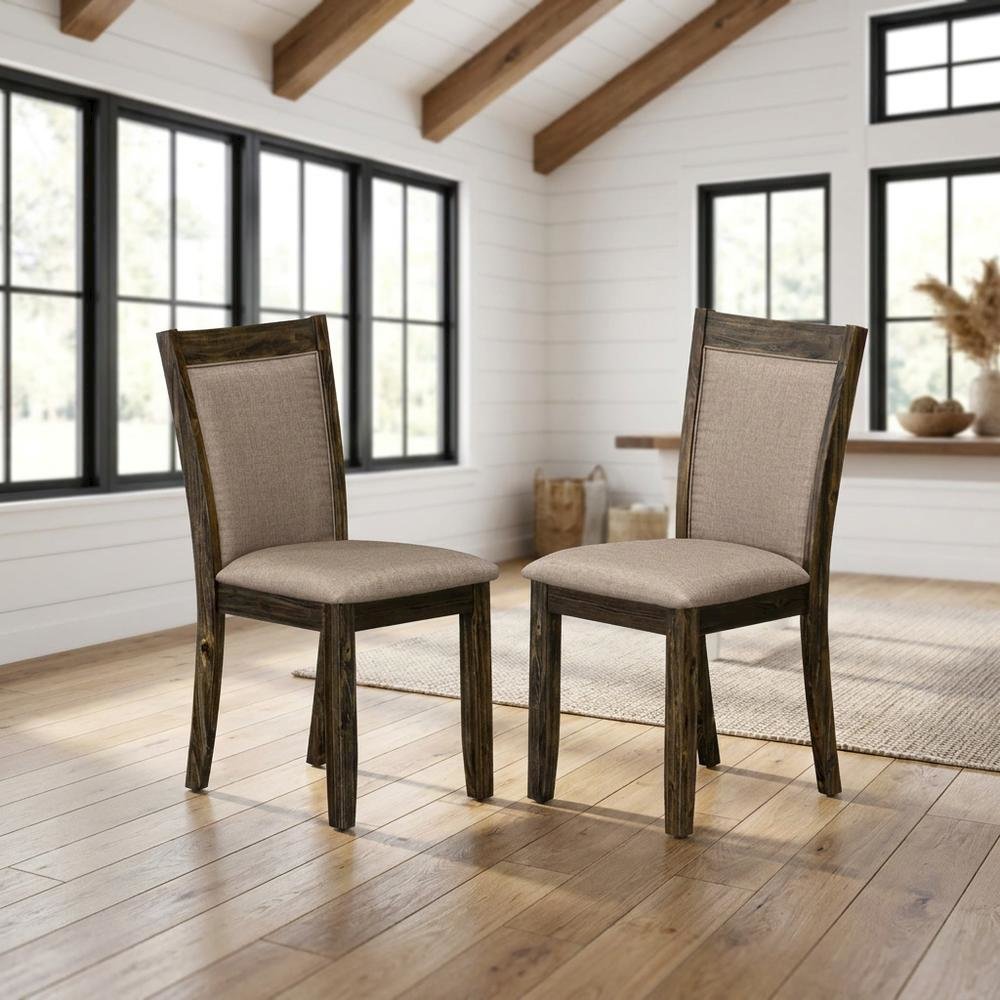 Solid Wood High-Back Linen Upholstered Dining Chairs, Dark Khaki, Set of 2. Picture 2