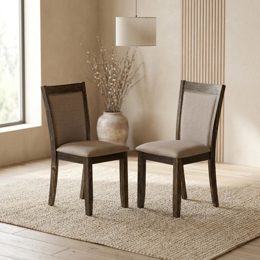 Solid Wood High-Back Linen Upholstered Dining Chairs, Dark Khaki, Set of 2. Picture 3