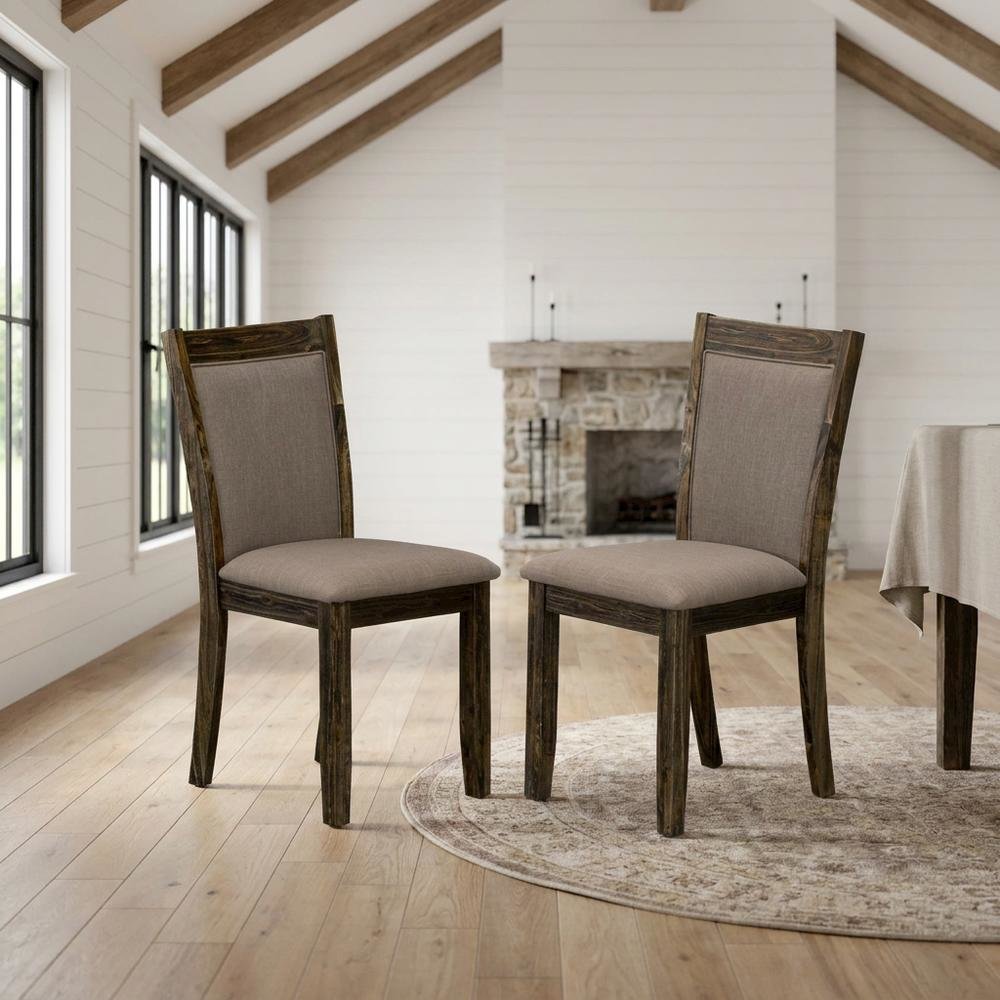 Solid Wood Linen-Upholstered Dining Chairs with High Back, Set of 2, Coffee. Picture 2