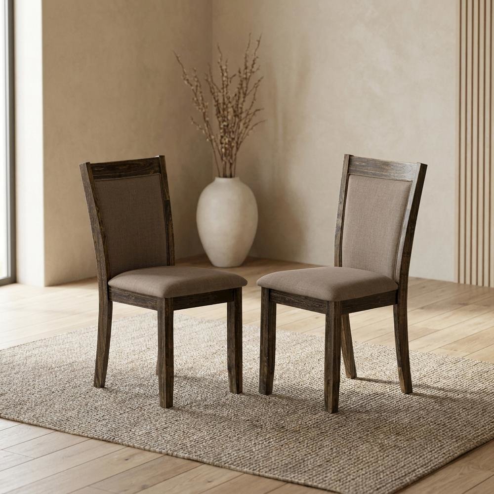 Solid Wood Linen-Upholstered Dining Chairs with High Back, Set of 2, Coffee. Picture 3