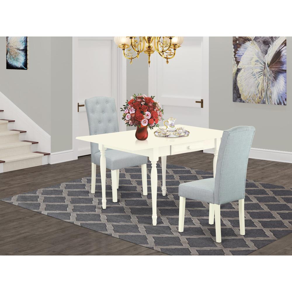 1MZCE3-LWH-15 3Pc Dining Table Set Contains a Wood Dining Table and 2 Upholstered Dining Chairs with Baby Blue Color Linen Fabric, Drop Leaf Table with Full Back Chairs, Linen White Finish. Picture 8