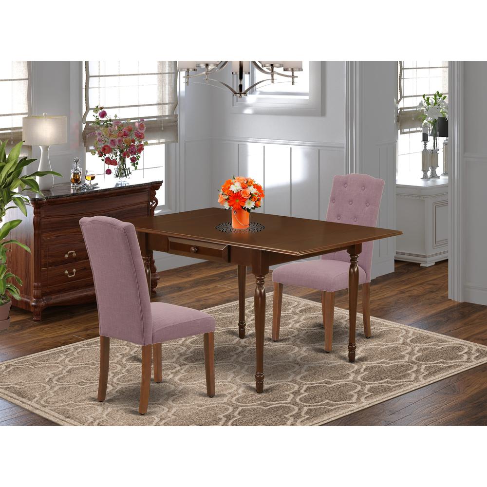 1MZCE3-MAH-10 3Pc Dining Room Table Set Offers a Modern Dining Table and 2 Parsons Dining Chairs with Dahlia Color Linen Fabric, Drop Leaf Table with Full Back Chairs, Mahogany Finish. Picture 8