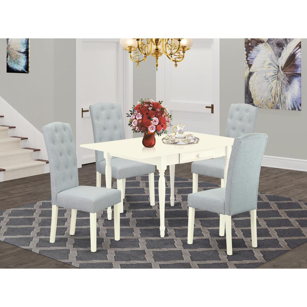 1MZCE5-LWH-15 5Pc Dinette Sets for Small Spaces Includes a Small Kitchen Table and 4 Parson Chairs with Baby Blue Color Linen Fabric, Drop Leaf Table with Full Back Chairs, Linen White Finish. Picture 8