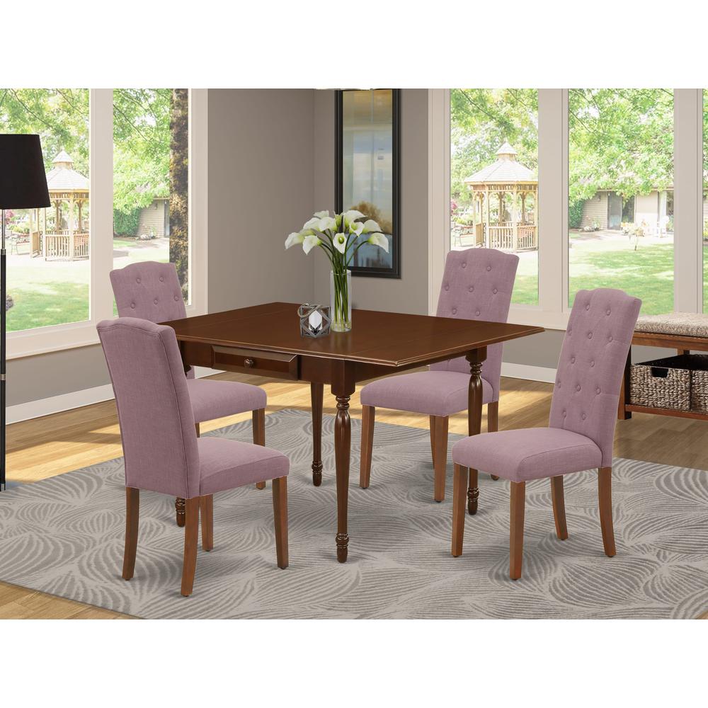1MZCE5-MAH-10 5Pc Dinette Set Offers a Wood Table and 4 Parsons Dining Chairs with Dahlia Color Linen Fabric, Drop Leaf Table with Full Back Chairs, Mahogany Finish. Picture 8