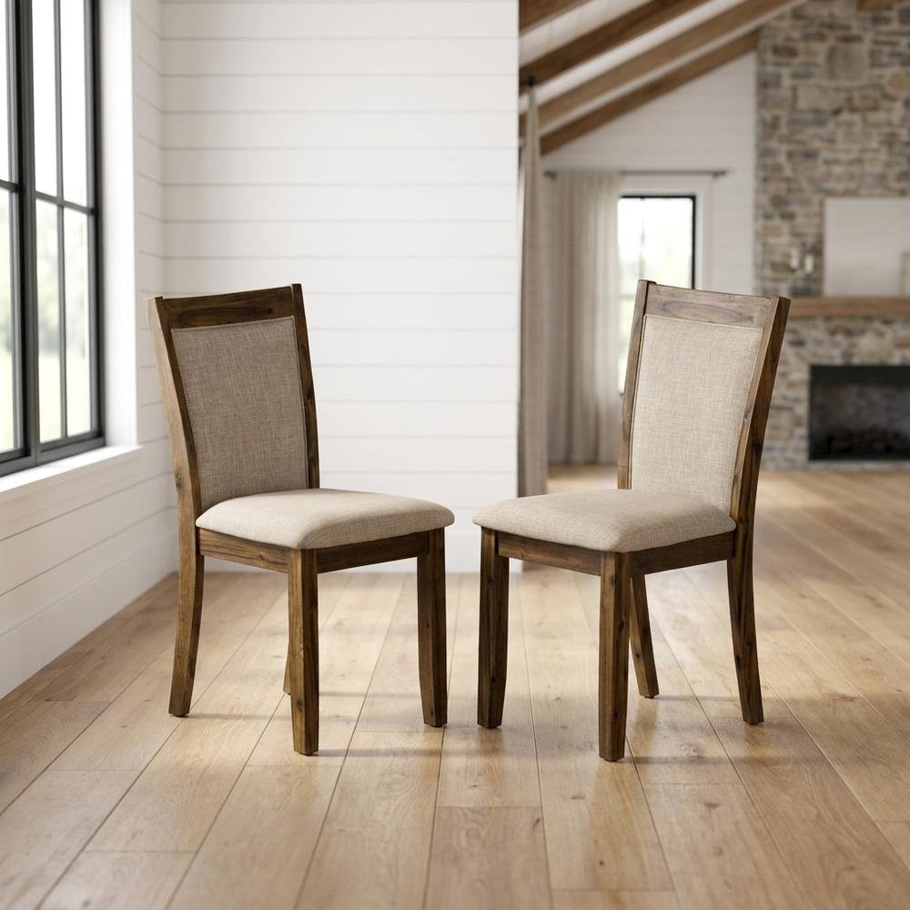 Solid Wood Linen-Upholstered Dining Chairs with High Back, Set of 2, Light Tan. Picture 3