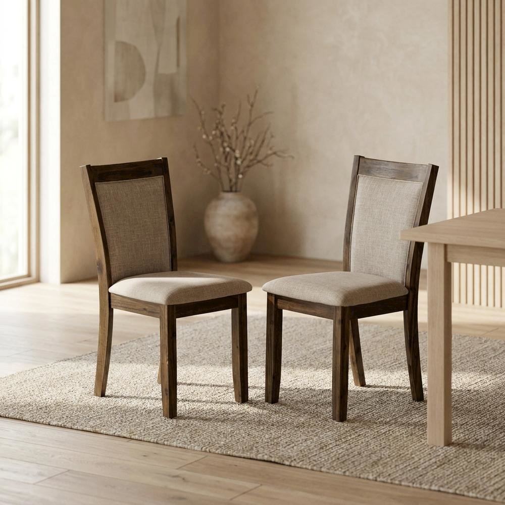 Solid Wood Linen-Upholstered Dining Chairs with High Back, Set of 2, Light Tan. Picture 4