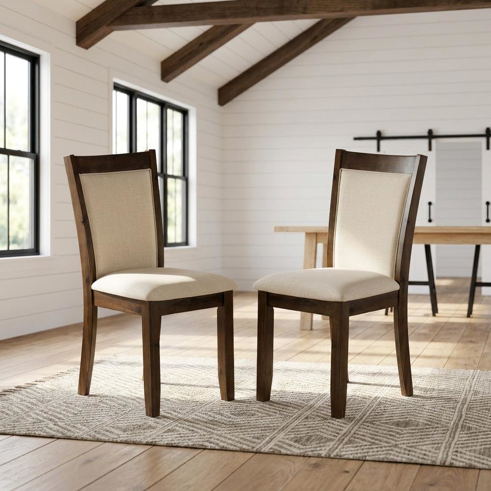 Solid Wood High-Back Linen Parsons Dining Chair, Light Beige, Set of 2. Picture 3