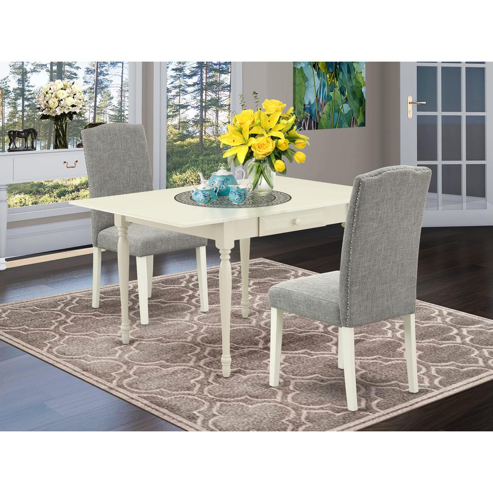 1MZEN3-LWH-06 3Pc Dining Table Set Contains a Wood Dining Table and 2 Parsons Chairs with Shitake Color Linen Fabric, Drop Leaf Table with Full Back Chairs, Linen White Finish. Picture 8