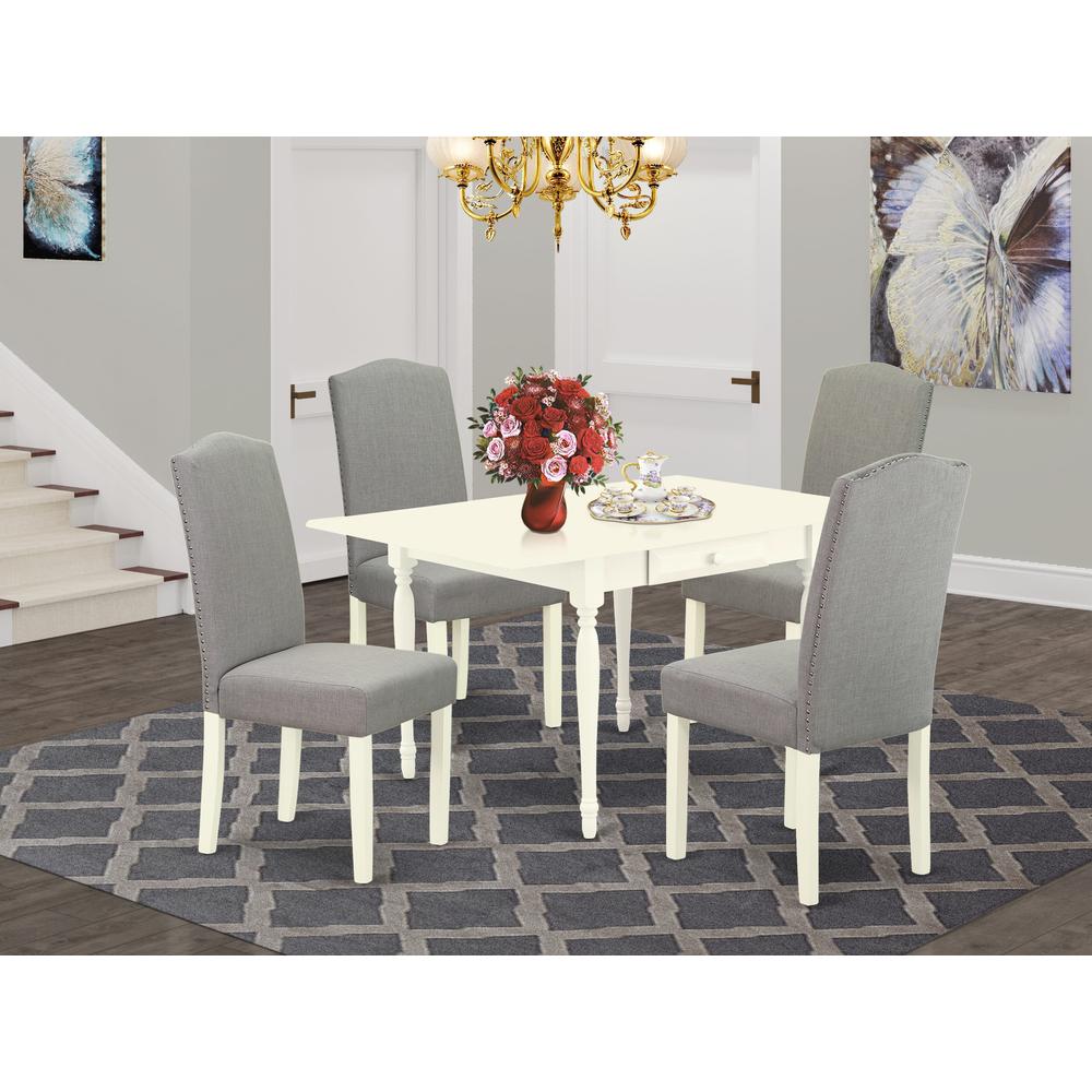 1MZEN5-LWH-06 5Pc Modern Dining Table Set Contains a Wood Dining Table and 4 Parsons Chairs with Shitake Color Linen Fabric, Drop Leaf Table with Full Back Chairs, Linen White Finish. Picture 8