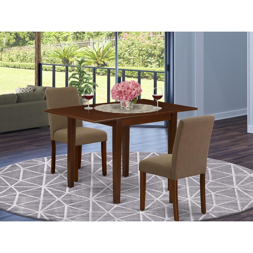 1NDAB3-MAH-18 Modern Dining Table Set 3 Pc - Two Parson Chairs and a Dining Room Table - Mahogany Finish Wood - Coffee Color Linen Fabric. Picture 8