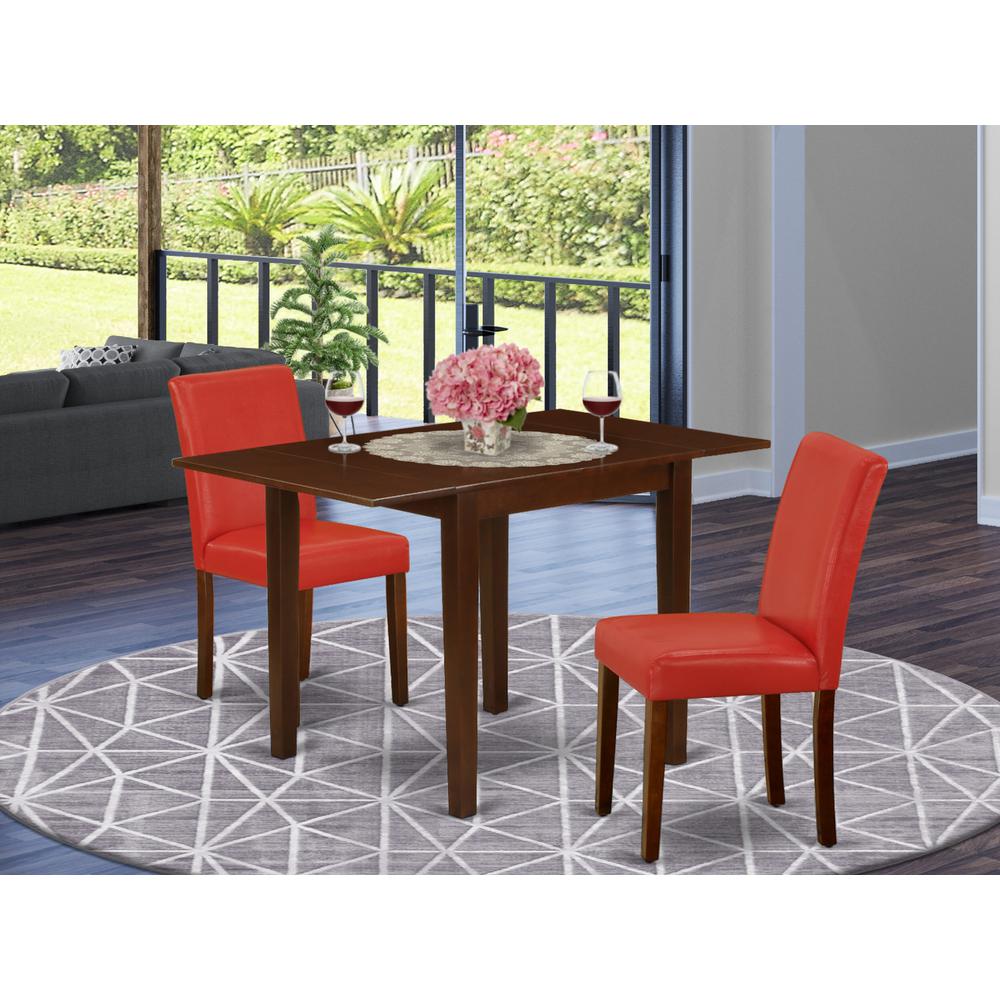 1NDAB3-MAH-72 Modern Dining Table Set 3 Pc - 2 Dining Room Chairs and a Dinner Table - Mahogany Finish Solid wood - Firebrick Red Pu Leather. Picture 8