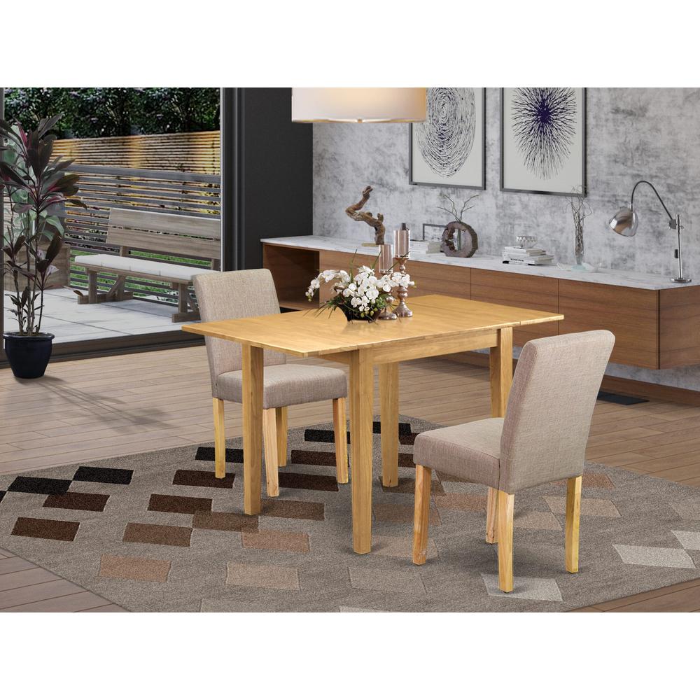 1NDAB3-OAK-04 Dining Table Set 3 Pc - Two Dining Room Chairs and a Modern Dining Table - Oak Finish Wood - Light Fawn Color Linen Fabric. Picture 8