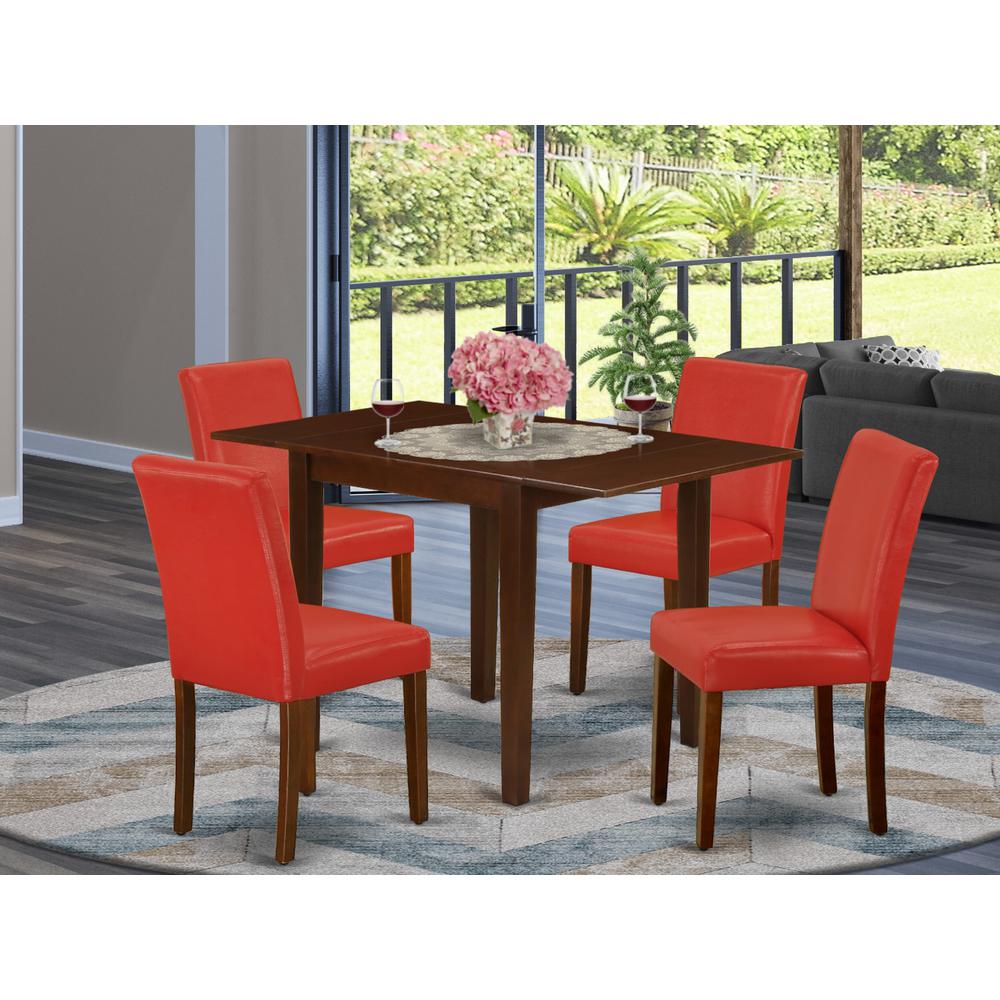 1NDAB5-MAH-72 Dinette Set 5 Pc - Four Kitchen Chairs and a Modern Dining Table - Mahogany Finish Hardwood - Firebrick Red Color Pu Leather. Picture 8