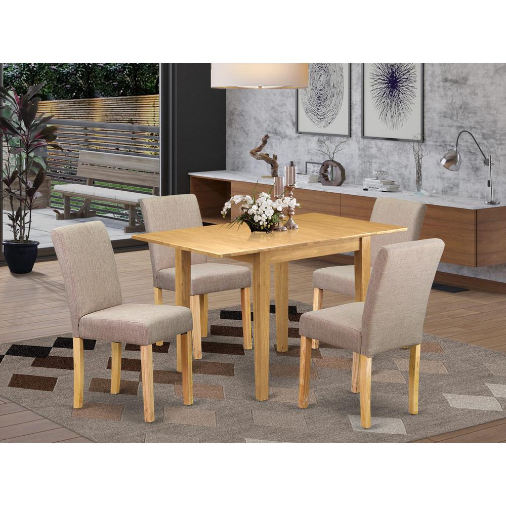 1NDAB5-OAK-04 Dinette Set 5 Pc - Four Dining Room Chairs and a Wooden Table - Oak Finish Hardwood - Light Fawn Color Linen Fabric. Picture 8
