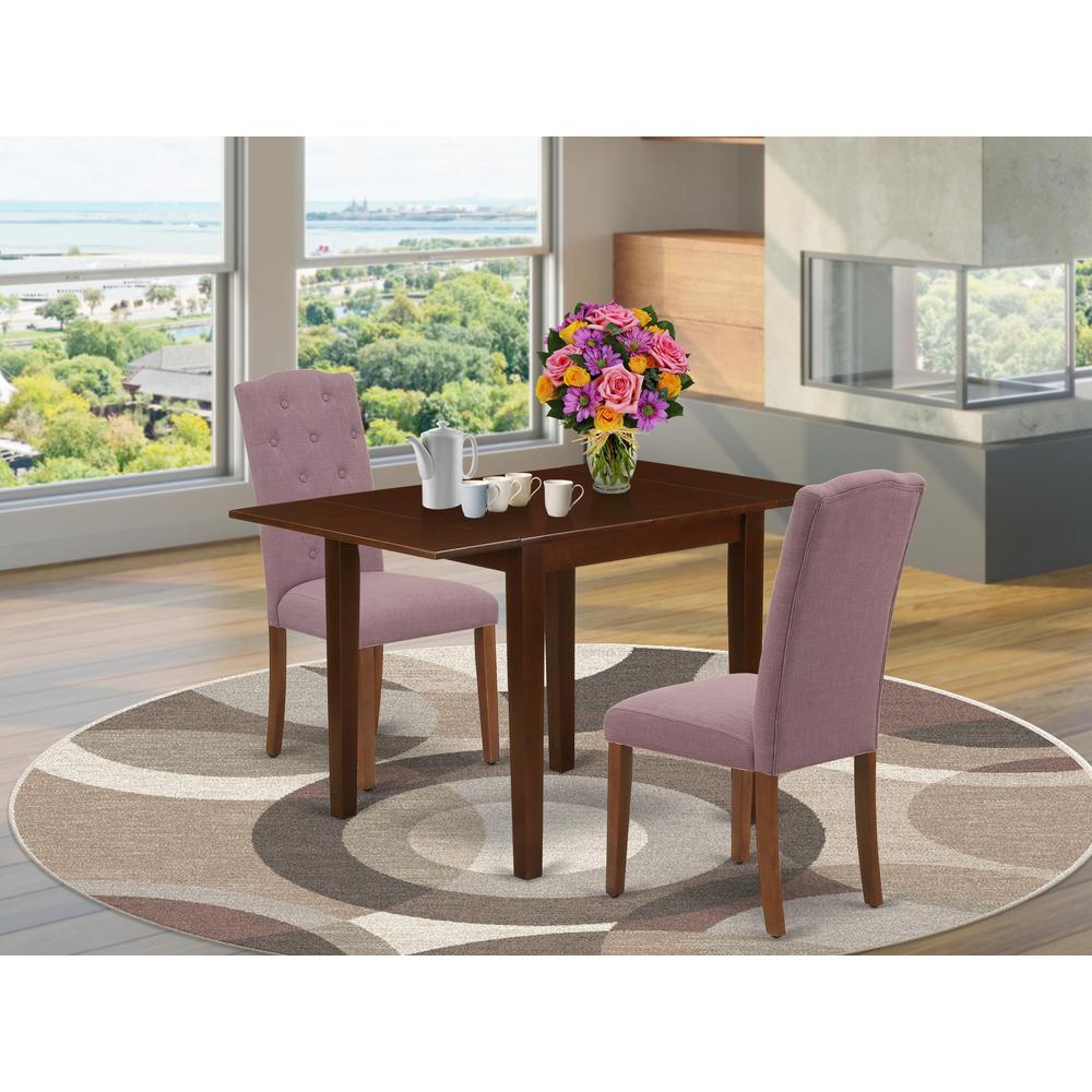 1NDCE3-MAH-10 Wooden Dining Table Set 3 Pc - 2 Dining Chairs and a Dining Table - Mahogany Finish Wood - Dahlia Color Linen Fabric. Picture 8