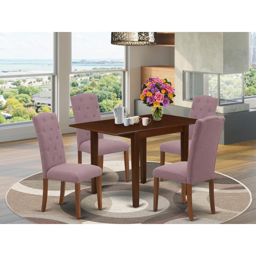 1NDCE5-MAH-10 Dining Set 5 Pc - 4 Kitchen Chairs and a Wooden Table - Mahogany Finish Solid wood - Dahlia Color Linen Fabric. Picture 8