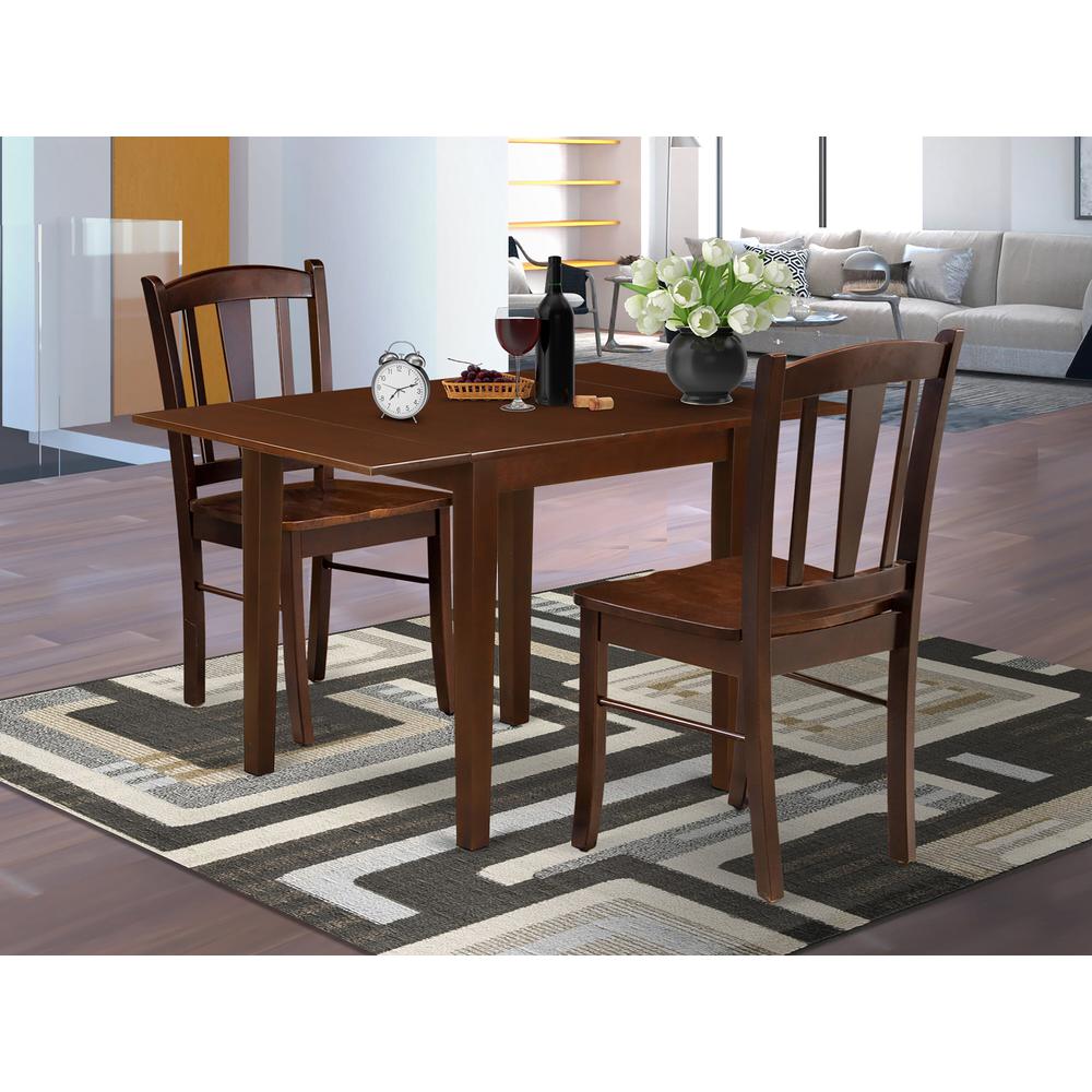 NDDL3-MAH-W - 3-Piece Kitchen Table Set- 2 Dining Chair with Wooden Seat and Slatted Chair Back - Dropleafs Kitchen Dining Table - Mahogany Finish. Picture 2