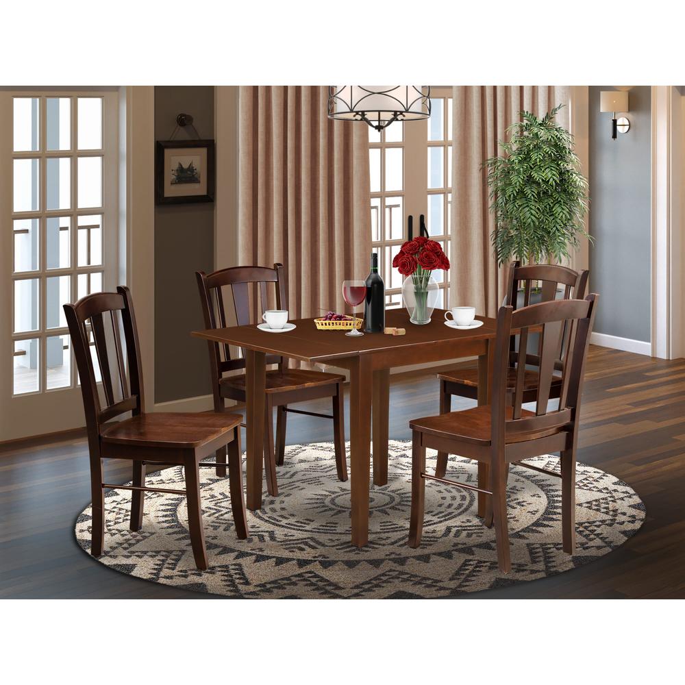 NDDL5-MAH-W - 5-Piece Kitchen Dining Room Set- 4 Mid Century Chair with Wooden Seat and Slatted Chair Back - Dropleafs Rectangular Table - Mahogany Finish. Picture 2