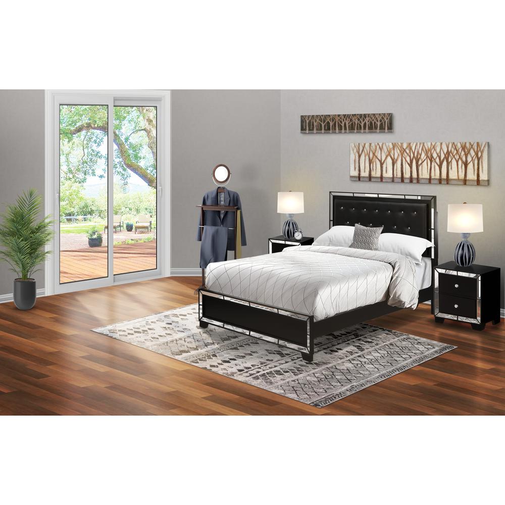 NE11-Q2N000 3-PC Nella Bedroom Set with Button Tufted Queen Bedframe and 2 Modern Nightstands - Black Leather Headboard and legs. Picture 2