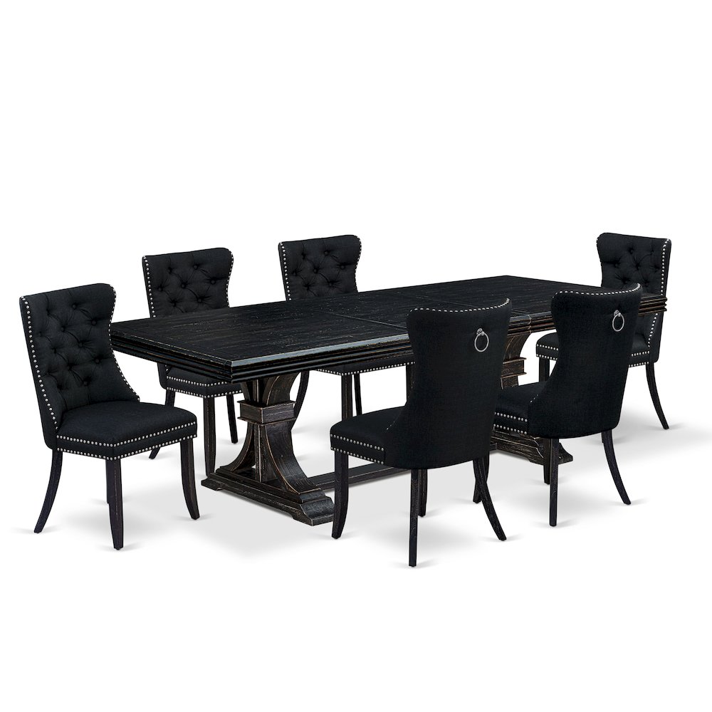 7 piece dining room set of a wooden table and 6 Linen Fabric kitchen chairs. Picture 1