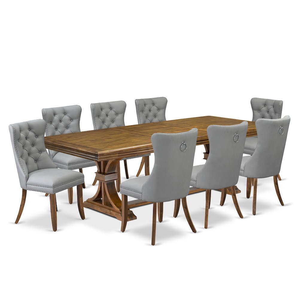 9 Pieces Dining Table Set a Rectangle Table and 8 Dining Chairs, Antique Walnut. Picture 1