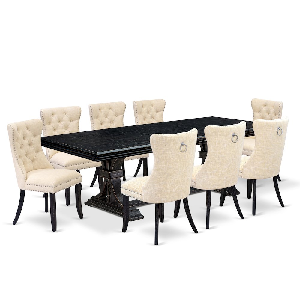 9 piece dining table set of a dinner table and 8 Linen Fabric dining chairs. Picture 1
