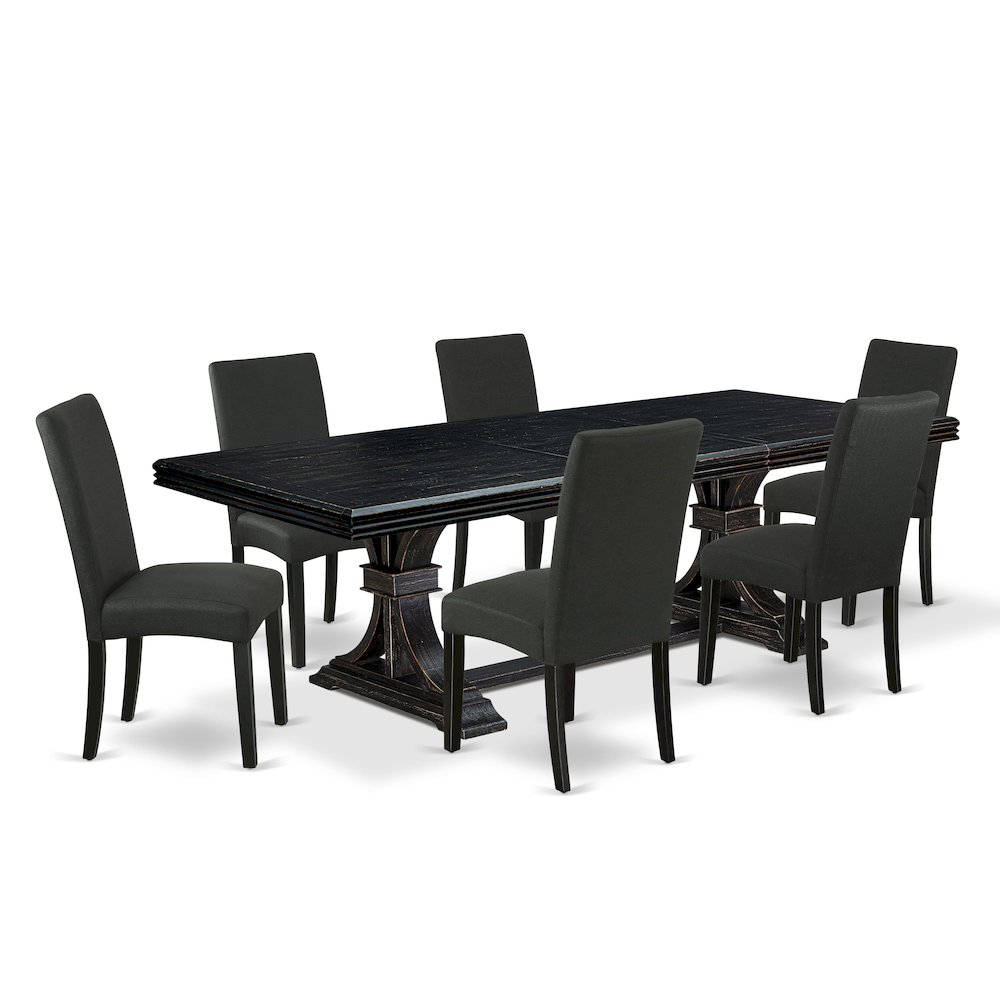 7 piece kitchen table set of a wooden table and 6 upholstered chairs. Picture 1