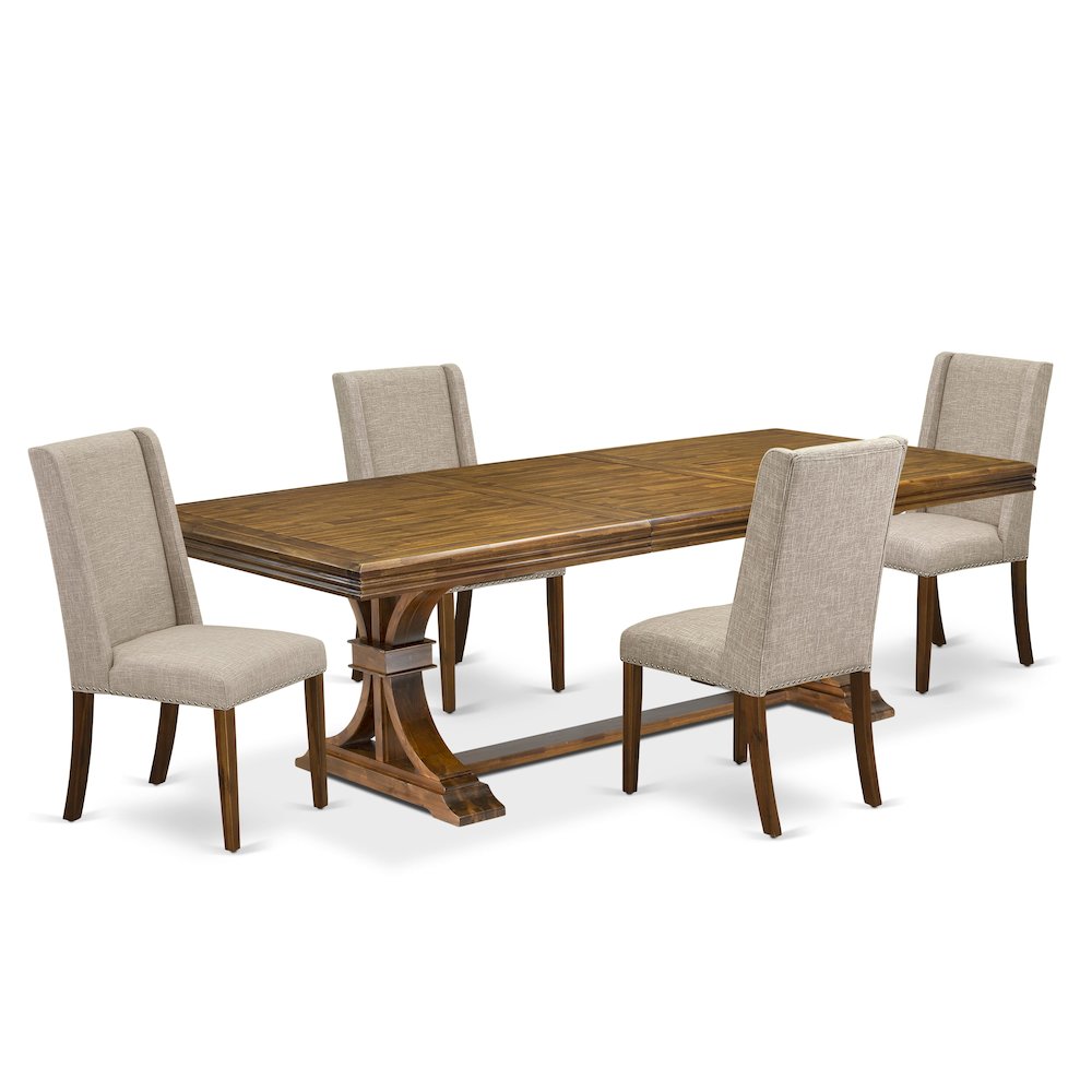 5 piece dining room set of a wooden table and 4 Linen Fabric upholstered chairs. Picture 1