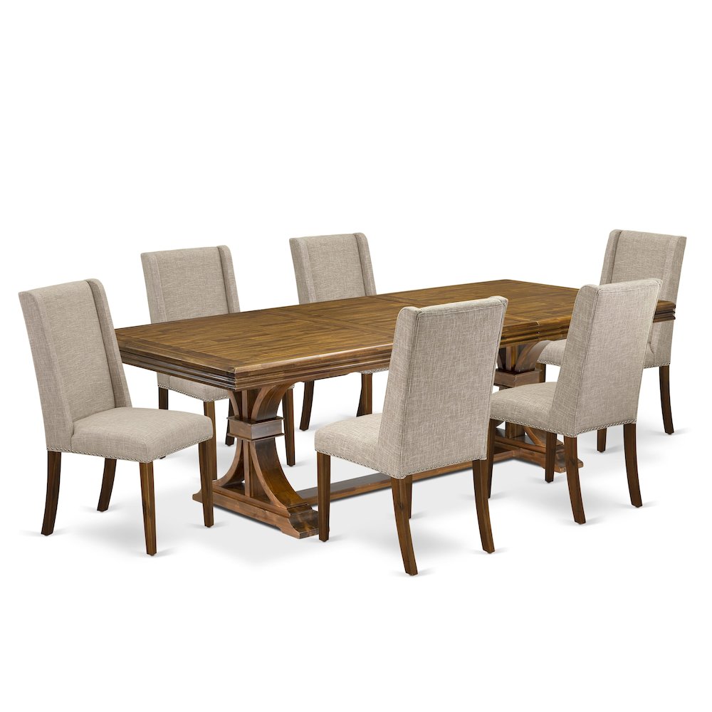 7 piece dining table set a rectangular table and 6 Linen Fabric kitchen chairs. Picture 1