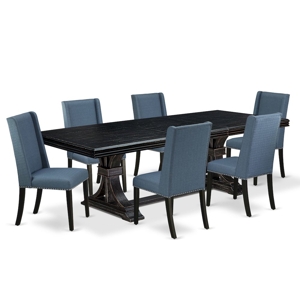7 piece modern dining set of a dining table and 6 upholstered chairs. Picture 1