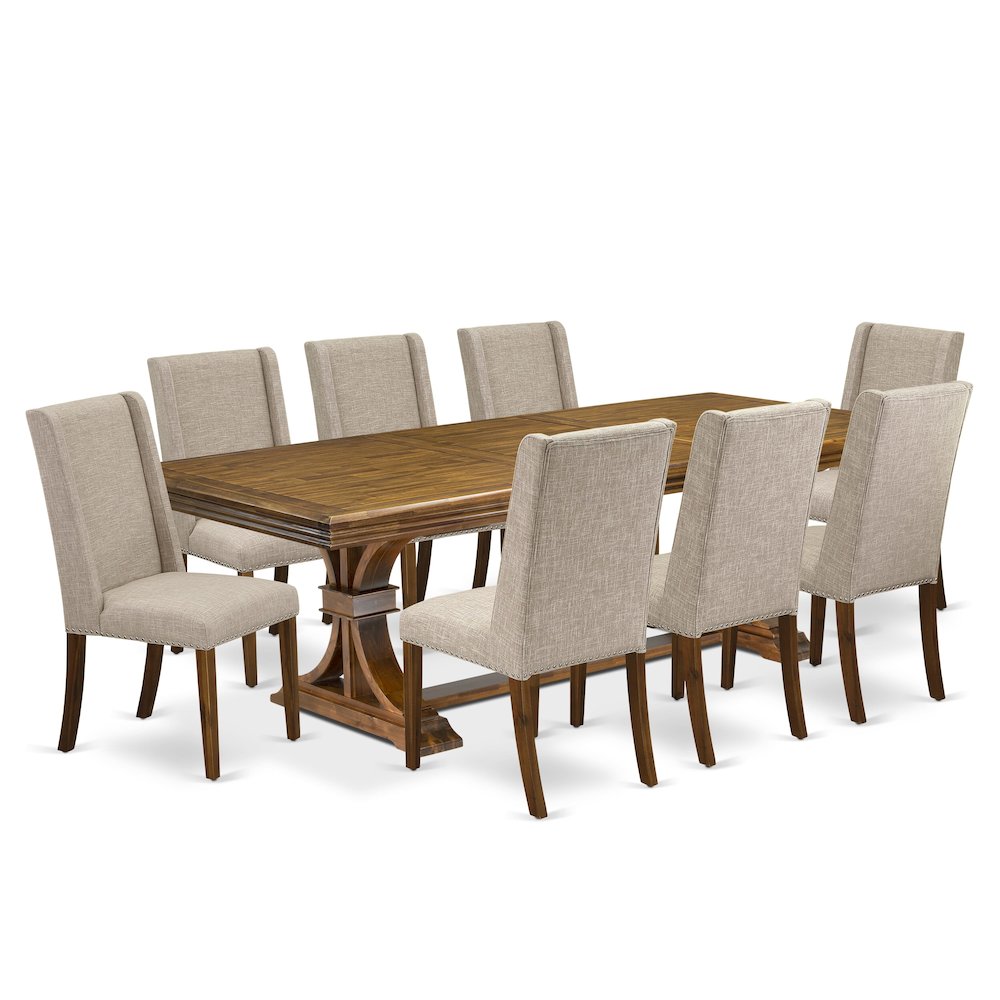 9 piece kitchen set of a dinner table and 8 Linen Fabric parson chairs. Picture 1