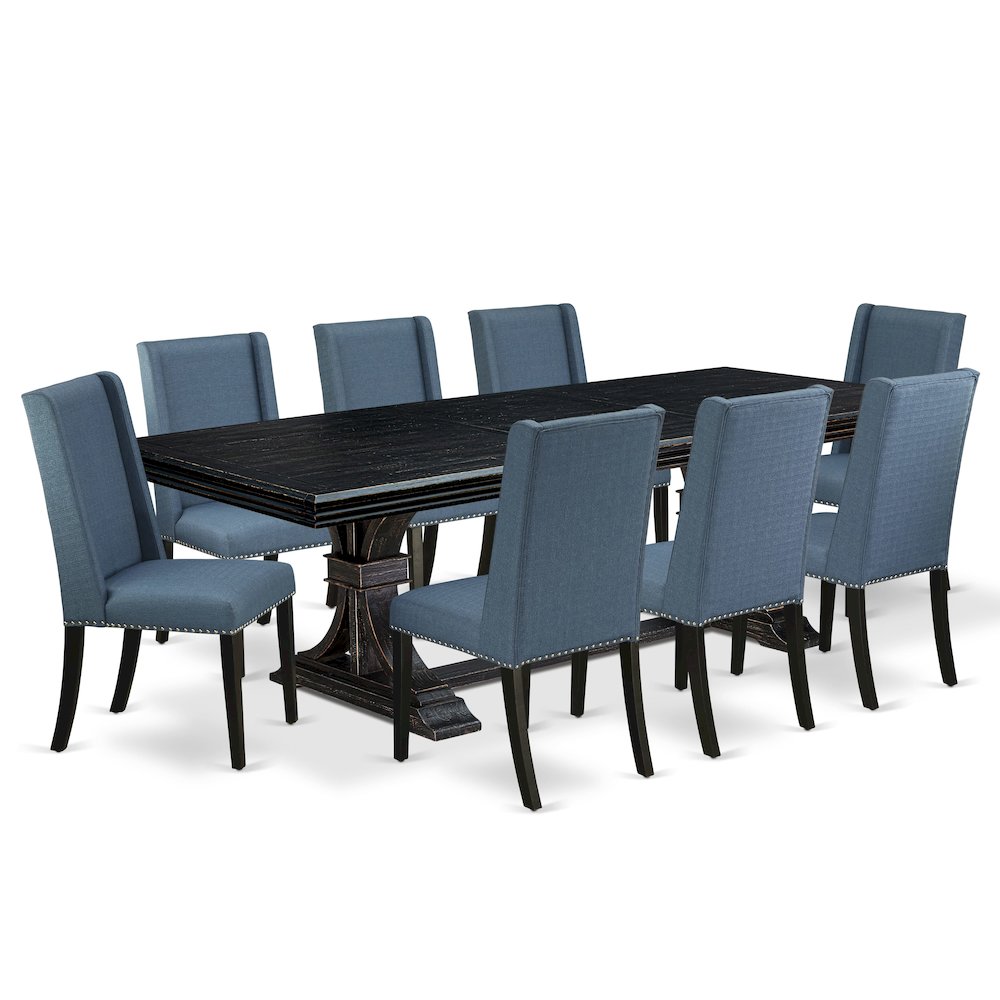 9 piece kitchen table set of a dining table and 8 Linen Fabric dining chairs. Picture 1