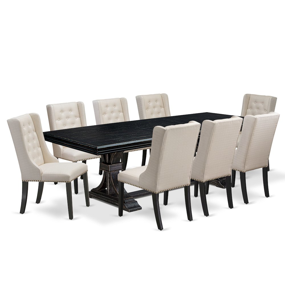 9 piece dining set of a dinner table and 8 dining room chairs & black legs. Picture 1