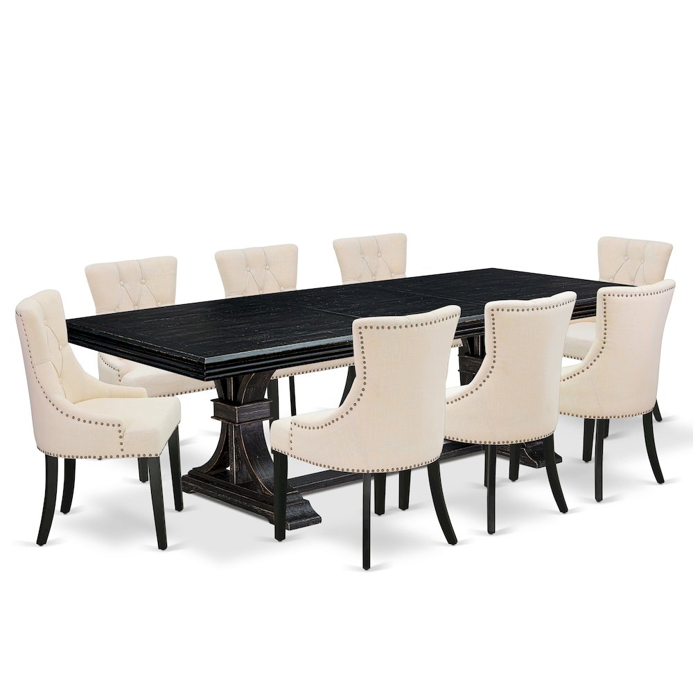 9 piece dining set a wooden table and 8 Linen Fabric dining chairs & black legs. Picture 1