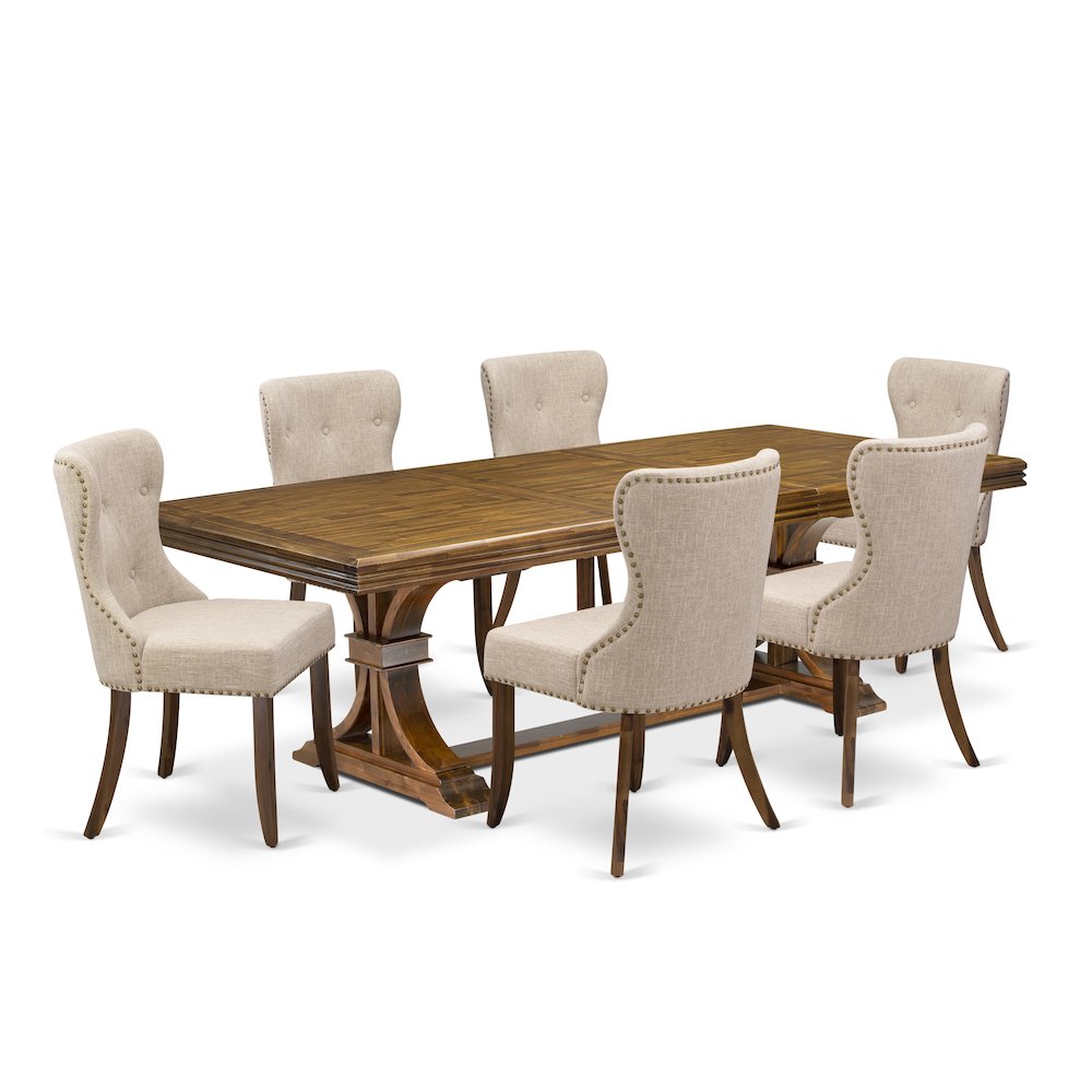 7 piece Dining Room Table Set of a Modern Table and 6 Linen Fabric Dining Chairs. Picture 1