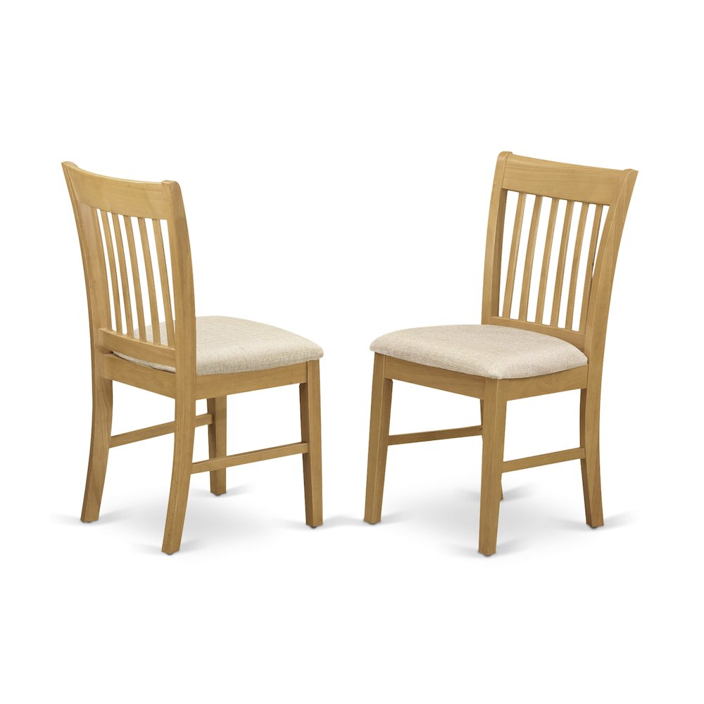 East West Furniture 3 Piece Dining Room Set Consists of 1 Wooden Dining Table and 2 Oak Linen Fabric Dining Room Chairs with Slatted Back - Oak Finish. Picture 5
