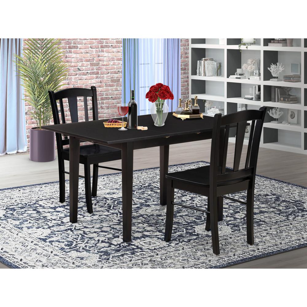 NFDL3-BLK-W - 3-Piece Kitchen Dining Room Set- 2 Modern Dining Chairs with Wooden Seat and Slatted Chair Back - Butterfly Leaf Rectangular Dining Table (Black Finish). Picture 2
