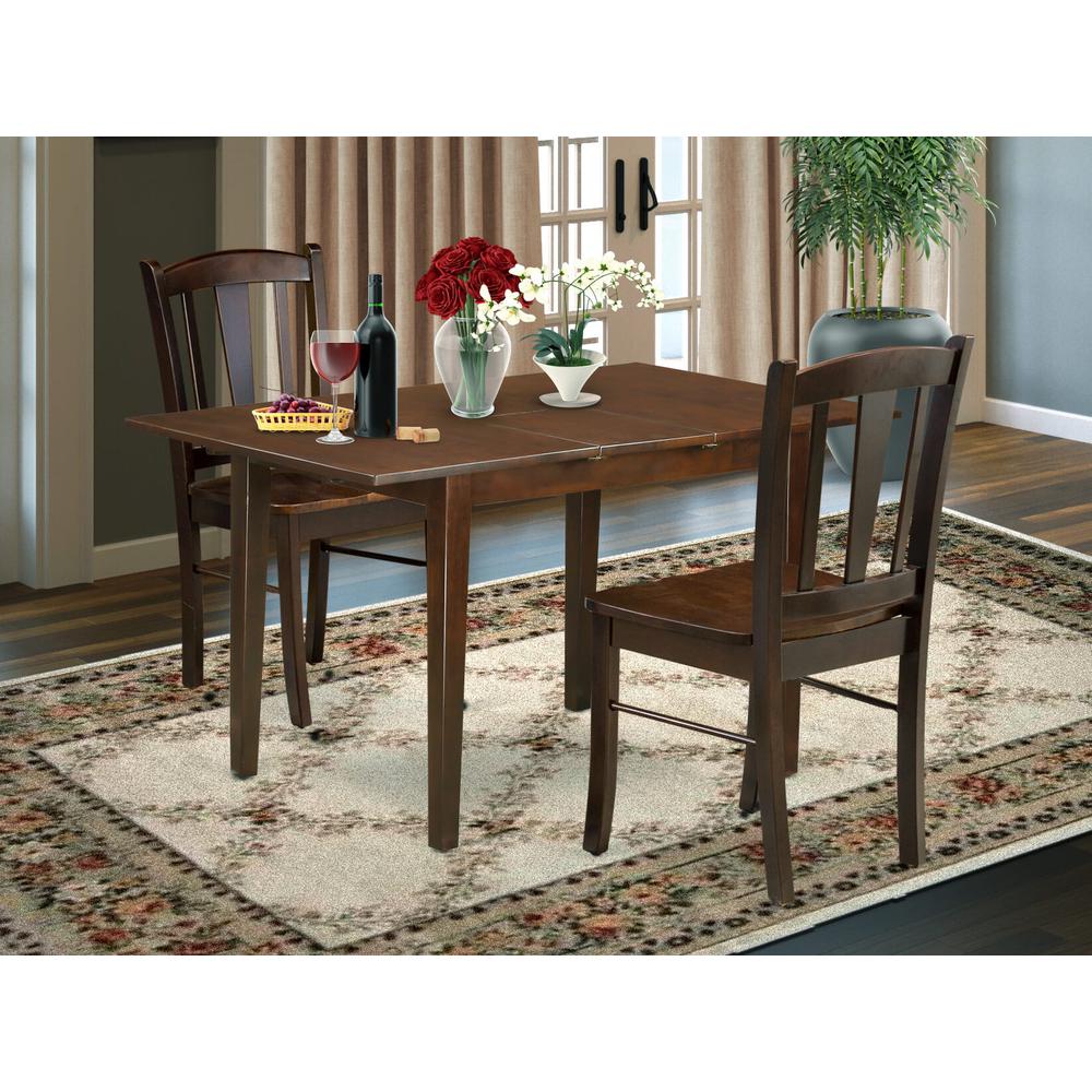 NFDL3-MAH-W - 3-Pc Dining Room Table Set- 2 Dining Chair with Wooden Seat and Slatted Chair Back - Butterfly Leaf Modern Kitchen Table - Mahogany Finish. Picture 2