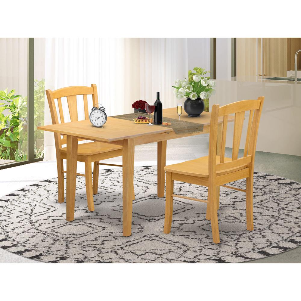 NFDL3-OAK-W - 3-Piece Dining Room Table Set- 2 Wooden Chairs with Wooden Seat and Slatted Chair Back - Butterfly Leaf Rectangular Table - Oak Finish. Picture 2