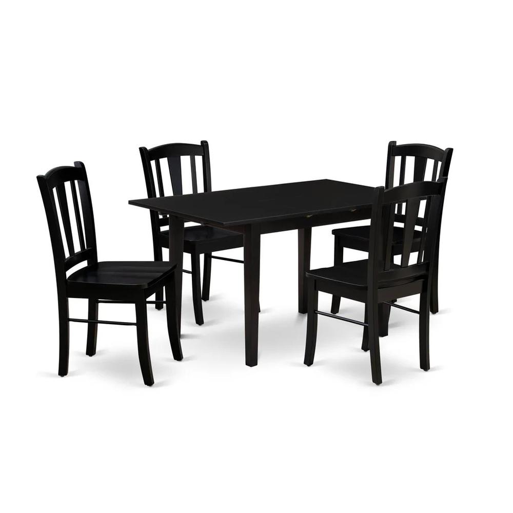 NFDL5-BLK-W - 5-Piece Kitchen Table Set- 4 Wood Chair with Wooden Seat and Slatted Chair Back - Butterfly Leaf Rectangular Dining Table (Black Finish). Picture 1