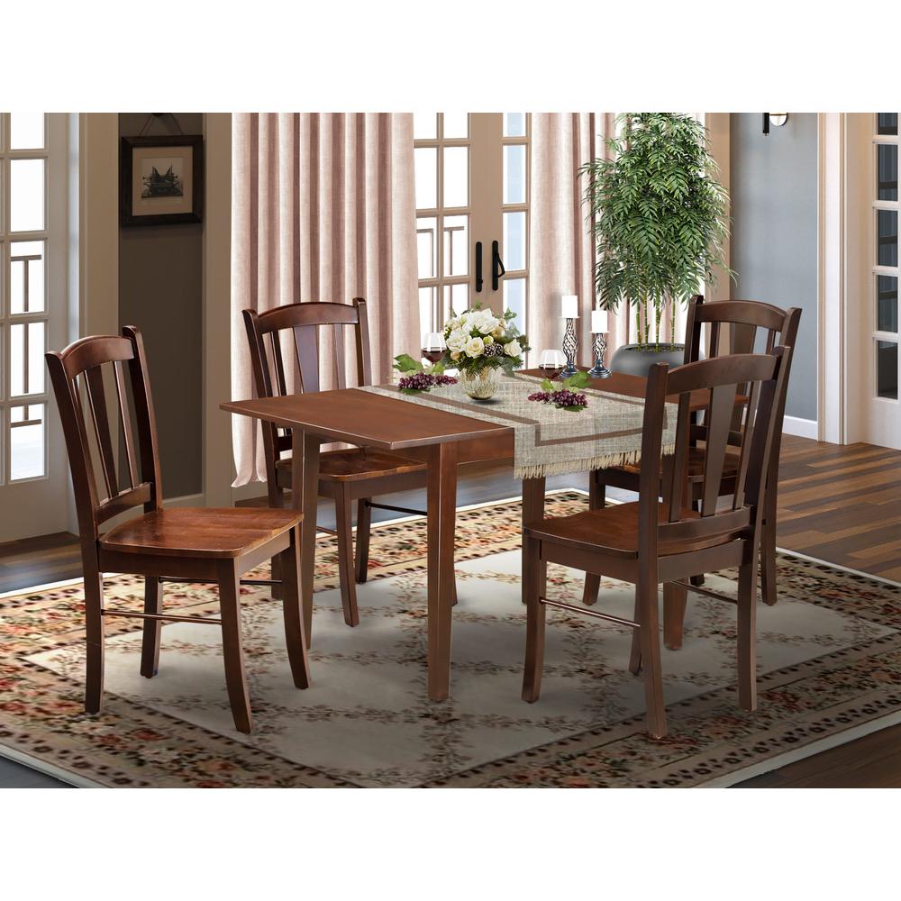 NFDL5-MAH-W - 5-Pc Dining Room Table Set- 4 Kitchen Chair with Wooden Seat and Slatted Chair Back - Butterfly Leaf Dining Table - Mahogany Finish. Picture 2
