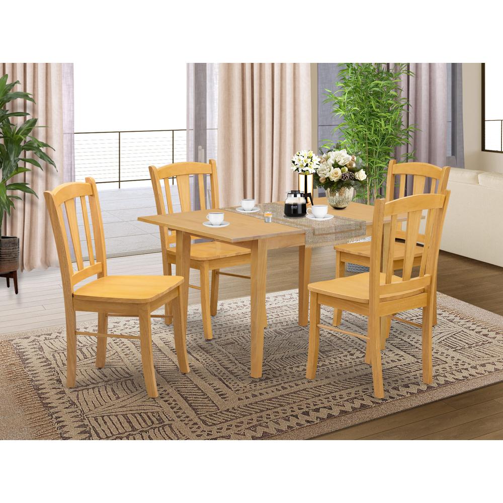 NFDL5-OAK-W - 5-Piece Kitchen Dining Room Set- 4 Dining Chair with Wooden Seat and Slatted Chair Back - Butterfly Leaf Modern Kitchen Table - Oak Finish. Picture 2