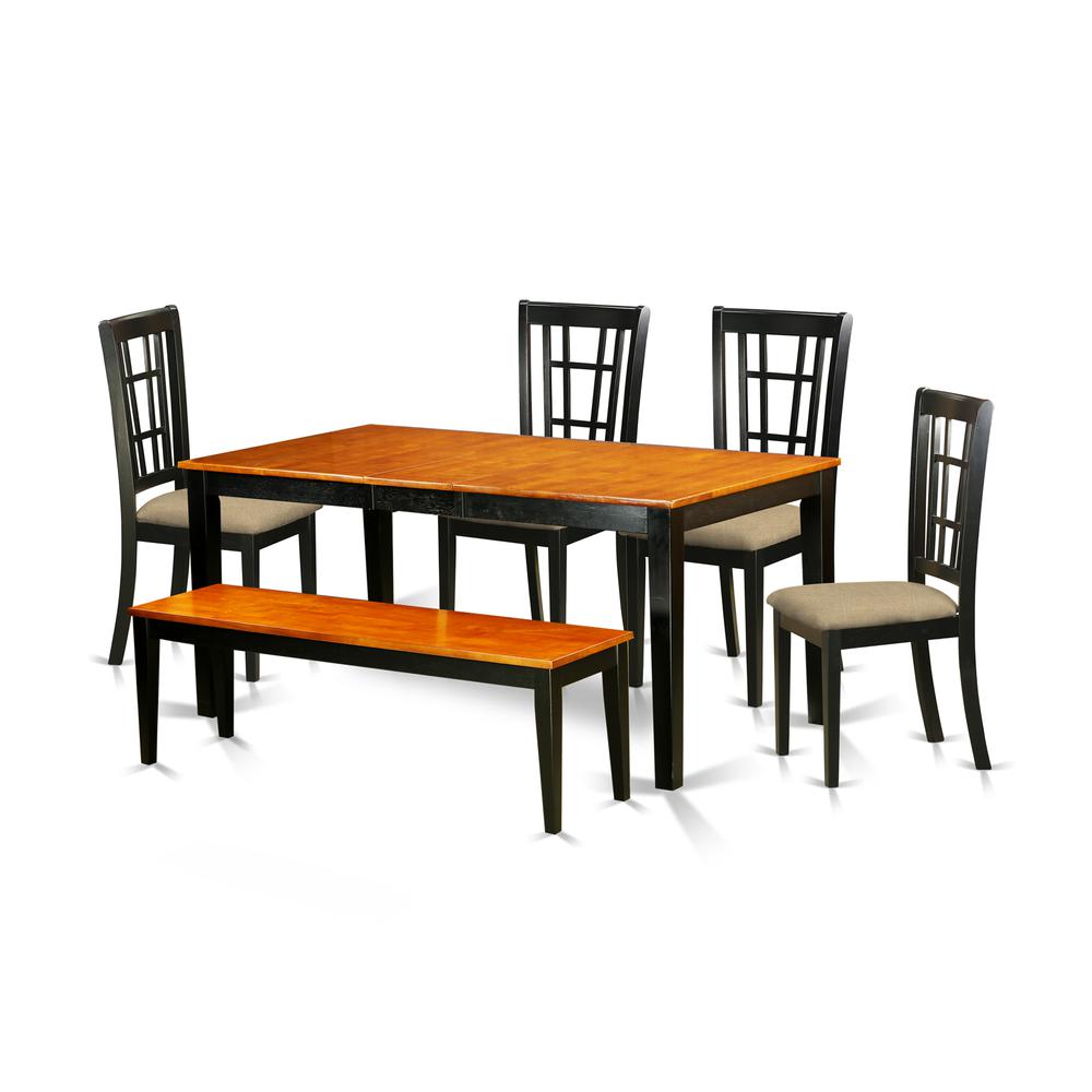 NICO6-BLK-C 6 PC Kitchen Table set-Dining Table and 4 Dining Chairs plus a bench in Black. Picture 1