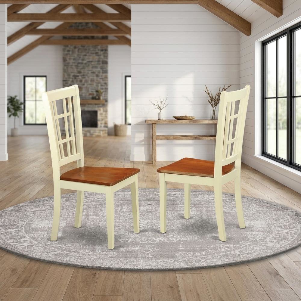 Solid Wood Dining Chairs, Traditional Wooden Kitchen Chair, Buttermilk & brown, Set of 2. Picture 3