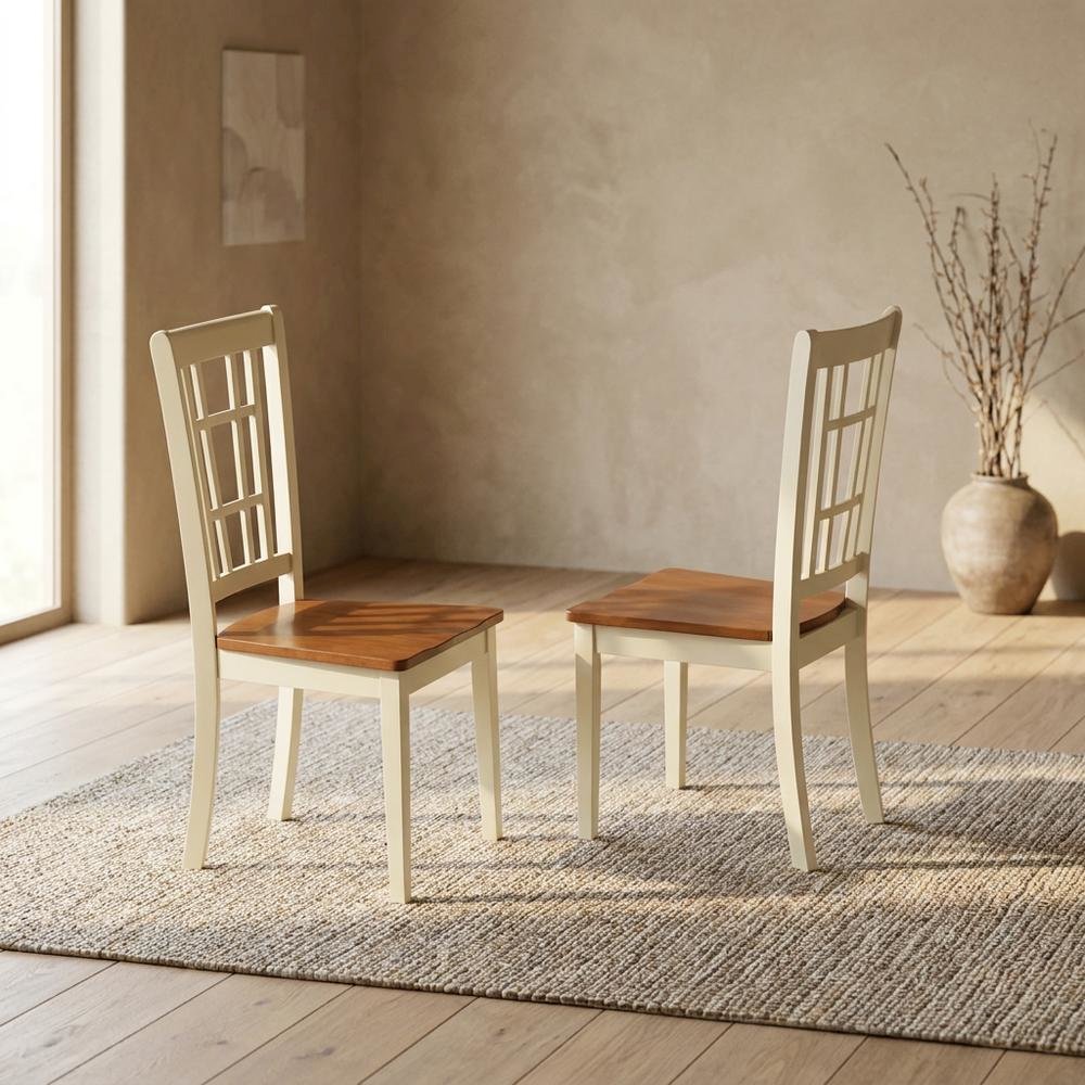 Solid Wood Dining Chairs, Traditional Wooden Kitchen Chair, Buttermilk & brown, Set of 2. Picture 4
