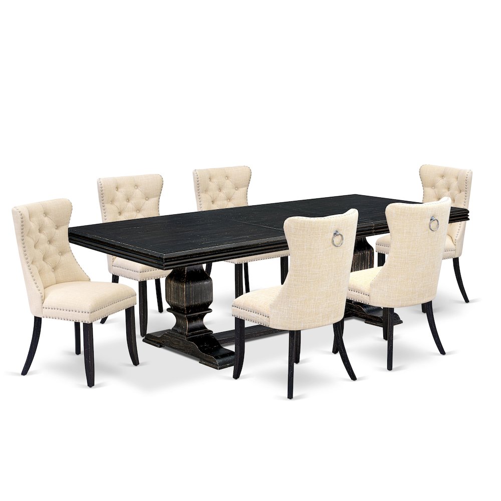 7 piece dining set of a dining table and 6 Linen Fabric kitchen chairs. Picture 1